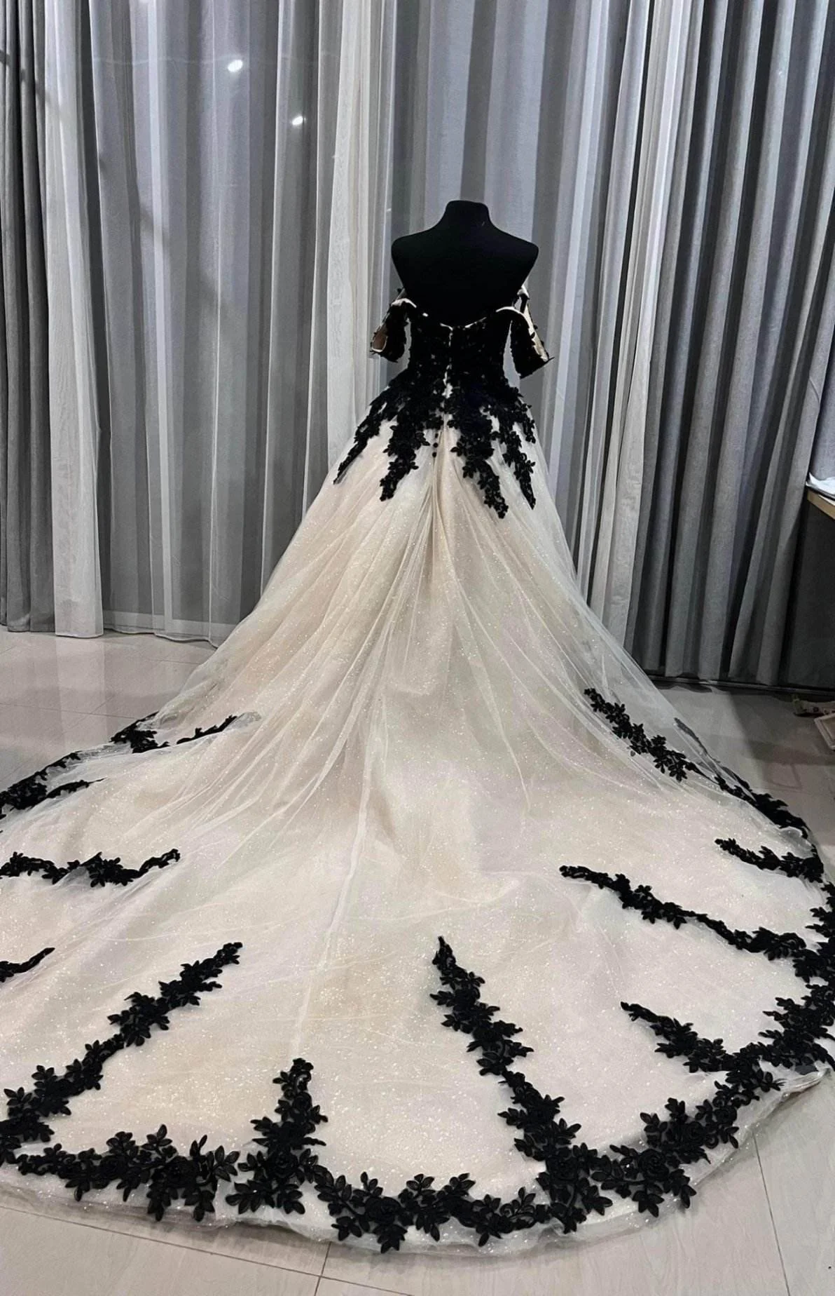 White wedding dress with black lace sales